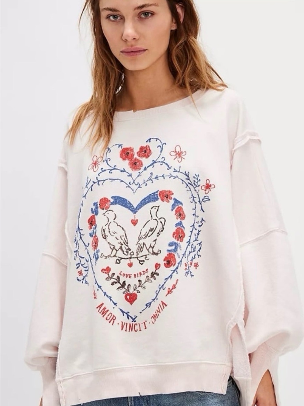 We The Free Cream Graphic Love Birds Sweatshirt size M